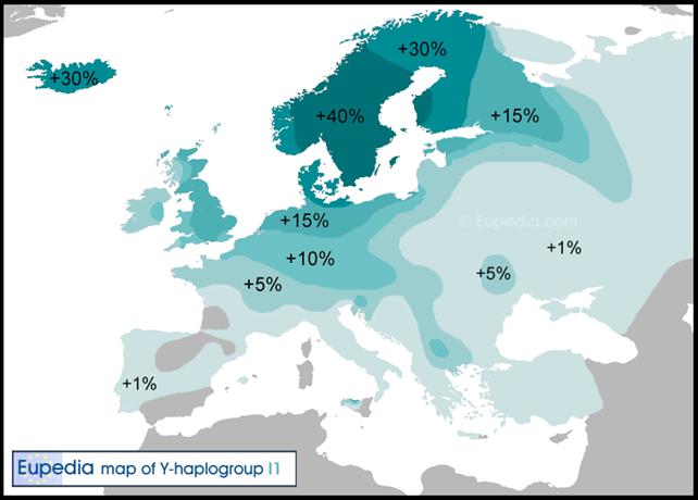 Distribution of haplogroup I1 in Europe